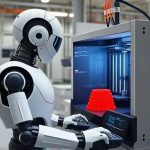 robot using a 3-d printer in a factory to print a large red plastic part