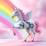 Mechanical unicorn prancing in front of a rainbow